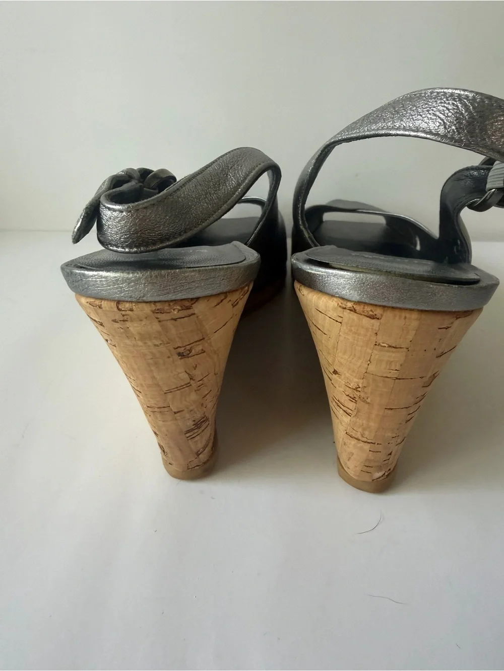 Stuart Weitzman Metallic Silver Cork Wedge Slingback Peep-Toe Sandals